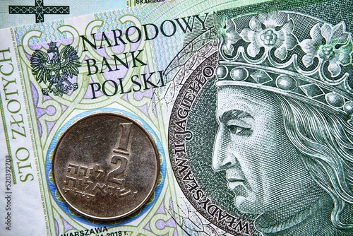 polski banknot,100 PLN, izraelska moneta, Polish banknote, 100 PLN, Israeli coin