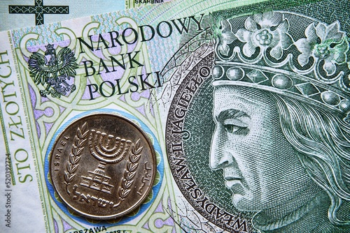 polski banknot,100 PLN, izraelska moneta, Polish banknote, 100 PLN, Israeli coin