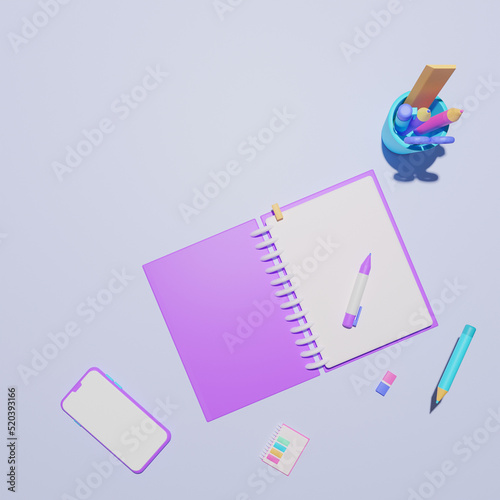 3 d illustration desktop notebook with pens notepad 3D rendering illustration