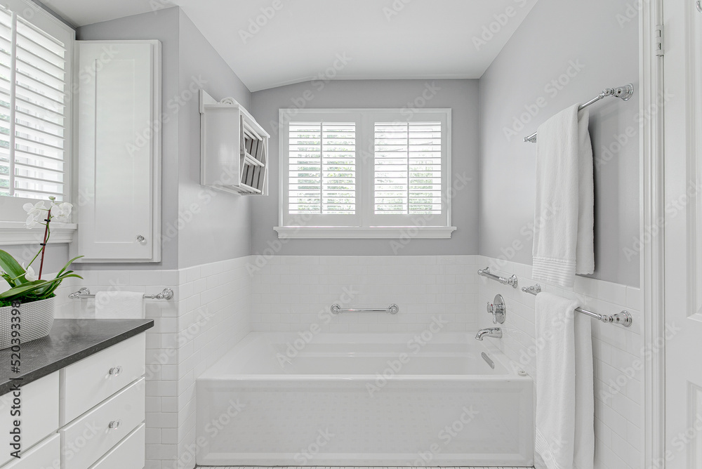 white modern country farmhouse bathroom interior design plantation shutters granite countertop sink tulips stand in shower and tub