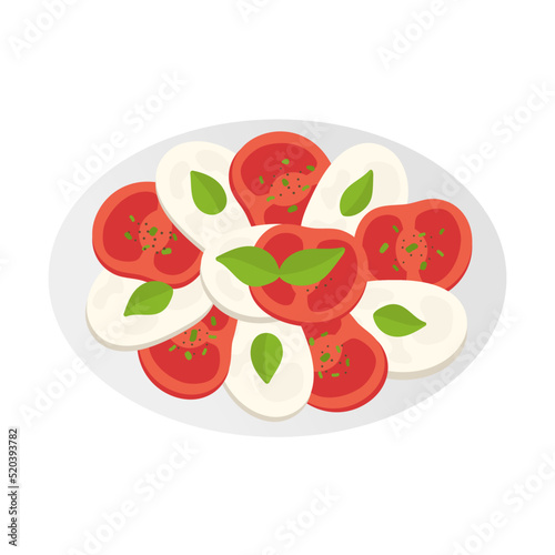 Italian national dish caprese on plate isolated on white background. Flat illustration of mediterranean cuisine. Sliced tomatoes, basil and mozzarella cheese.