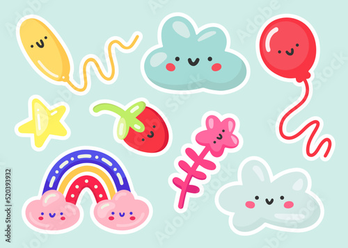 Cool sticker pack collection of trendy kawaii vector pins. Set of cute patches with baby cloud, balloons, rainbow, strawberry and other cartoon icons. Retro badges for kids, decor, textile, print