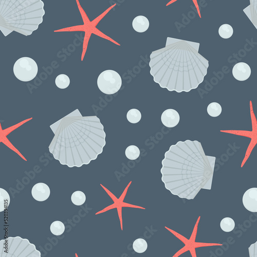 Seashells and starfish marine seamless pattern