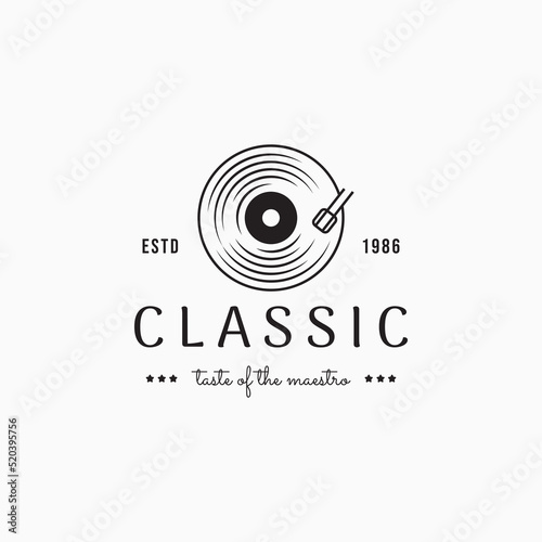 Simple music vinyl record logo vector illustration design. Vintage music record label logo concept.