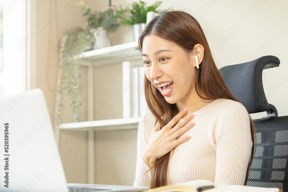 Success, happy asian young business woman wearing earphones, listen to test exam winner in class study of college, celebrate student online, read email or web via internet, triumph of get great job.