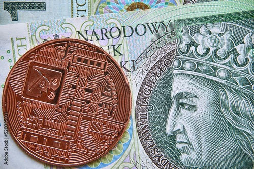 polski banknot,100 PLN, moneta bitcoin, Polish banknote, PLN 100, bitcoin coin