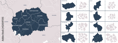 Vector color detailed map of North Macedonia with the administrative divisions of the country, each statistical regions is presented separately and divided into Municipalities