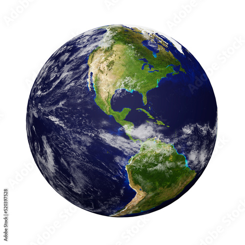 Fototapeta Naklejka Na Ścianę i Meble -  Planet earth with clouds  isolated on white background, Continents of North America and South America.  Elements of this image furnished by NASA. 3D rendering.