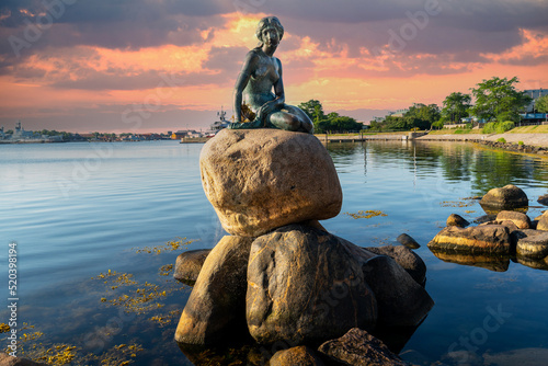 Fotografie, Obraz Bronze statue of The Little Mermaid, Den lille Havfrue on the rocks by the water at Langelinie promenade park in , Copenhagen, Denmark