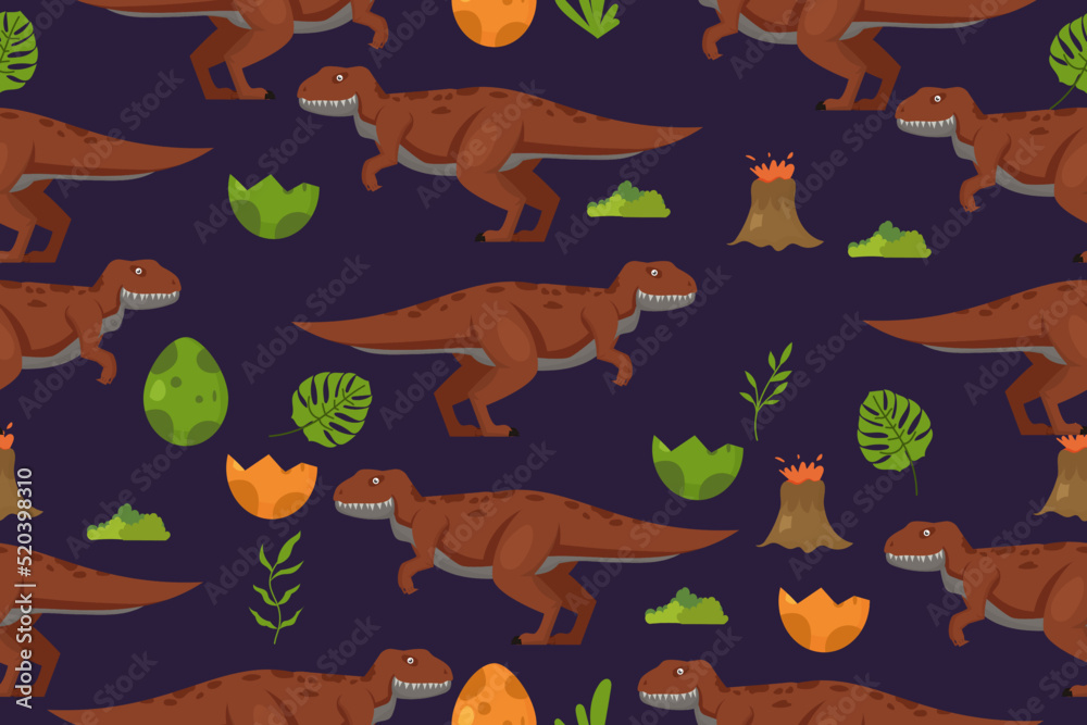 Seamless pattern with dinos and leaves on white background. texture of Jurassic park dinosaurs. cartoon vector illustration for printing Seamless pattern with dinos and leaves on white background. texture of Jurassic park dinosaurs. cartoon vector illustration for printing
