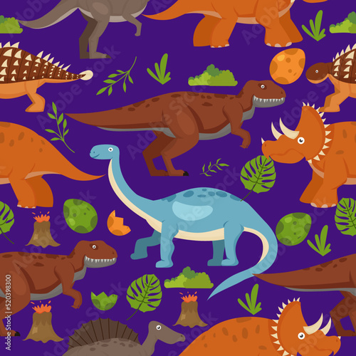 pattern with dinosaurs volcanoes and tropical plants Wild animal illustration for kids. Vector illustration design for fashion fabrics  textile graphics  prints.