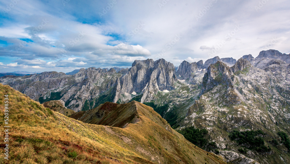 Fototapeta premium Mountain peaks during autumn season in the Prokletije National Park near the Grebaje Valley of Montenegro