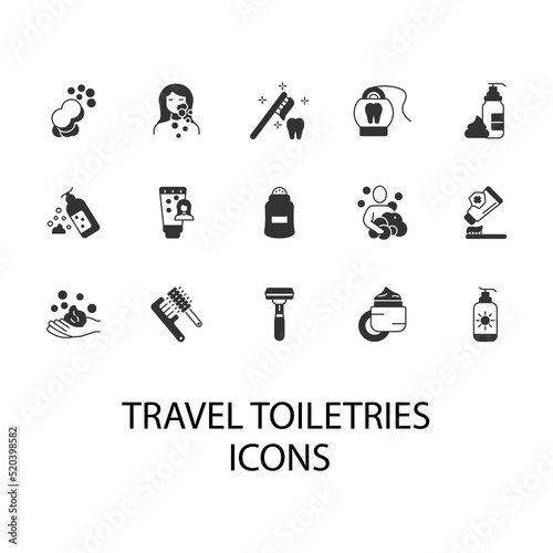 travel toiletries icons set . travel toiletries pack symbol vector elements for infographic web