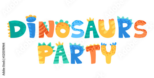 Dinosaurs party lettering, template for invitation kids card. Lets party poster with cute dinosaurs, space for text, date and roar lettering. Vector cartoon illustration for children