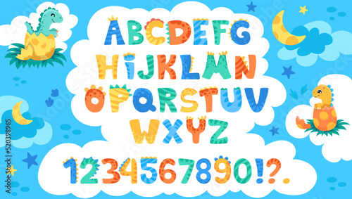 Cute Dino font with alphabet letters, dinosaurs, signs and numbers. Character collection in hand drawn cartoon style for your design, nursery or kindergarten banners and posters. Vector illustration