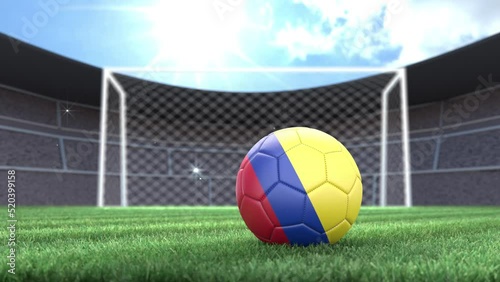 Colombia soccer ball, rolling into stadium with camera flashes. 3D animation
