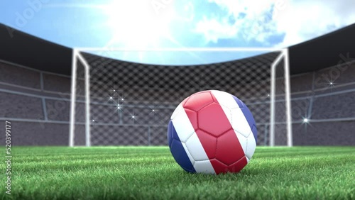 Costa Rica soccer ball, rolling into stadium with camera flashes. 3D animation