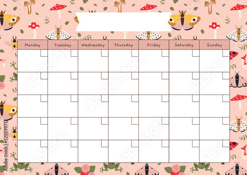 Cute monthly calendar template without numbers, summer vibe, cartoon style. Printable A4 paper sheet, planner for bullet journal page. Trendy modern vector illustration, hand drawn, flat.