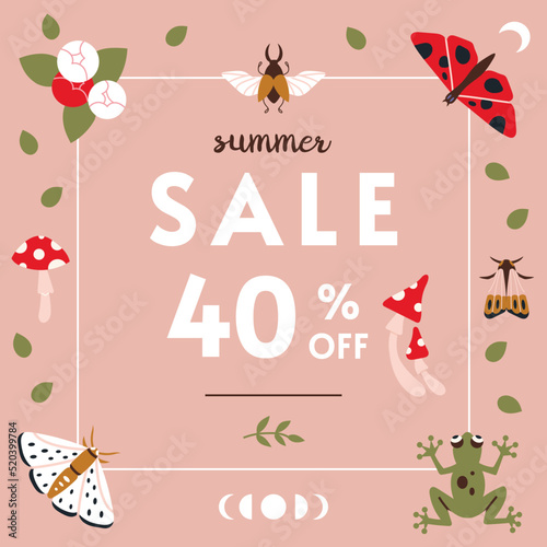 Summer sale cute banner template design, cartoon style. Discount promotion layout poster for web or social media, advertising, leaflets and flyers. Trendy vector illustration, hand drawn.