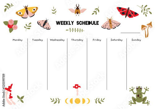 Cute weekly schedule template with summer vibe, moth, mushrooms, cartoon style. Printable A4 paper for bullet journal page. Trendy modern vector illustration, hand drawn, flat
