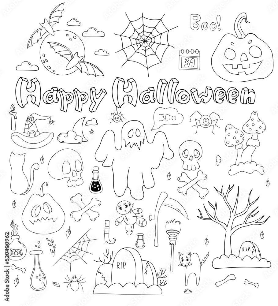 Big set of doodles Happy Halloween. Jack pumpkin, ghost, bat and skull and crossbones, graveyard, grave, fly agaric and witchs potion. Vector isolated outline elements for decor, design, decoration. - obrazy, fototapety, plakaty 
