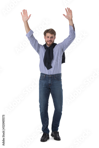 Young business man with raised arms