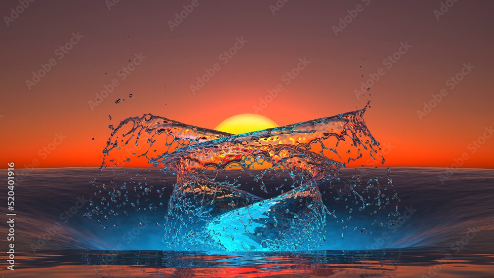 surreal seascape with a swirl of splashes at sunset - obrazy, fototapety, plakaty 