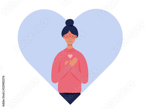 Flat vector cartoon illustration of a woman hugging herself. The concept of self-love, self care and self-acceptance.