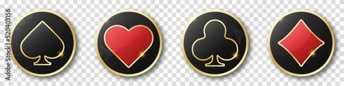 Hearts, diamonds, clubs and spades chips sign icon. Vector illustration chips on transparent background. Glossy playing card suit symbol with gold border.