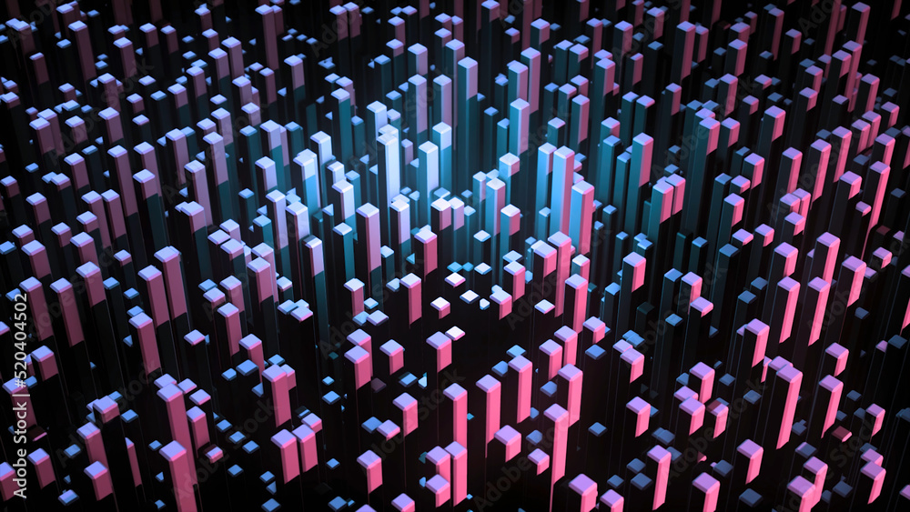 Obraz premium Abstract 3D animation with rising colored squares. Animation. Retractable up 3D rectangular blocks with beautiful multi-colored lights