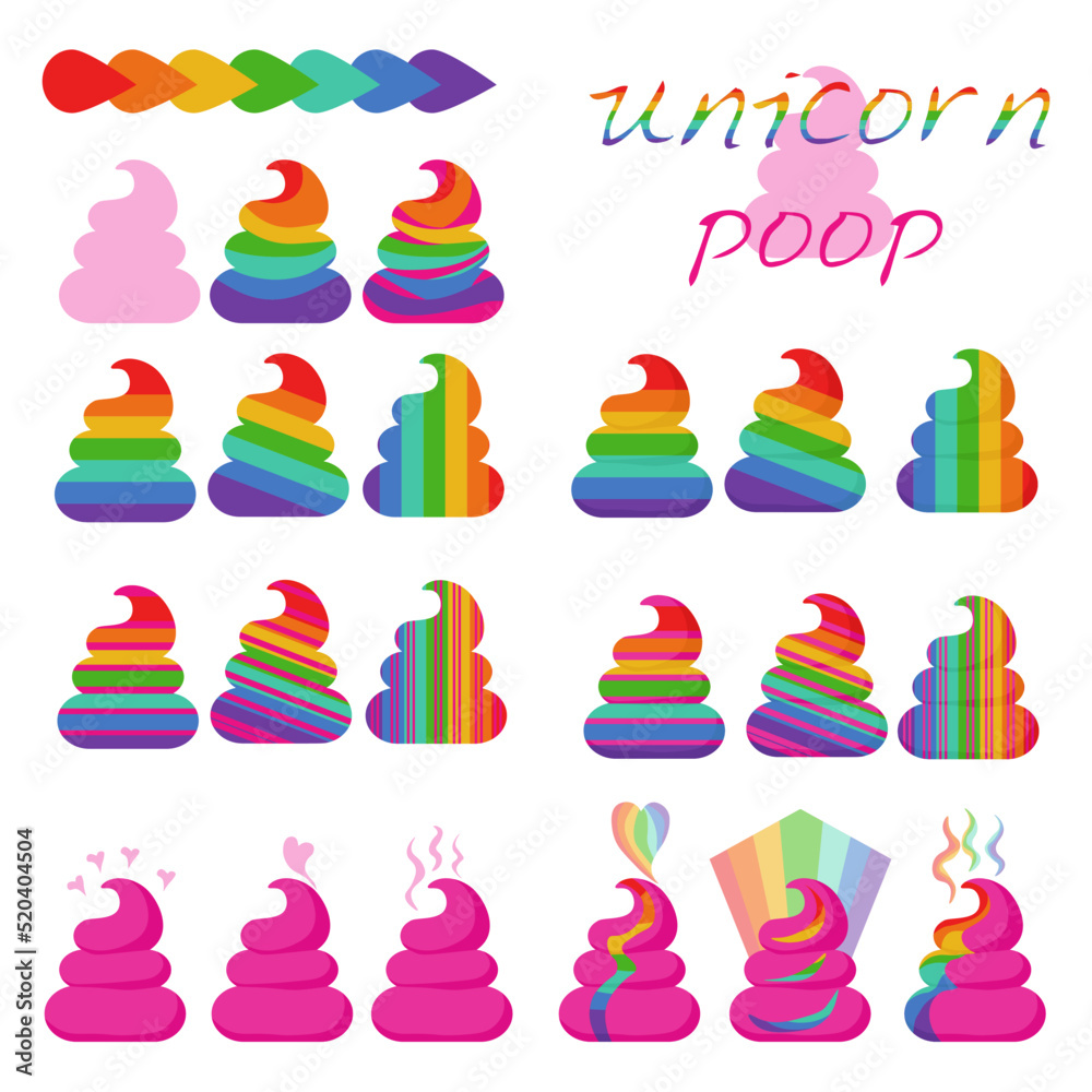 Unicorn poop set clip art, collection of rainbow and pink feces symbols ...