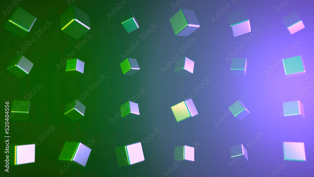 Rotating cubes that reflect light on colorful background. Animation. Multicolored smooth cubes with reflective surface rotate on colorful background