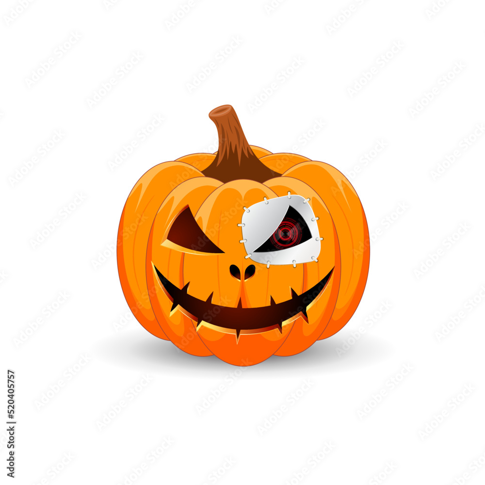Fototapeta premium Halloween Pumpkin Terminator isolated on white background. The main symbol of the Happy Halloween holiday. Orange spooky pumpkin with scary smile holiday Halloween..