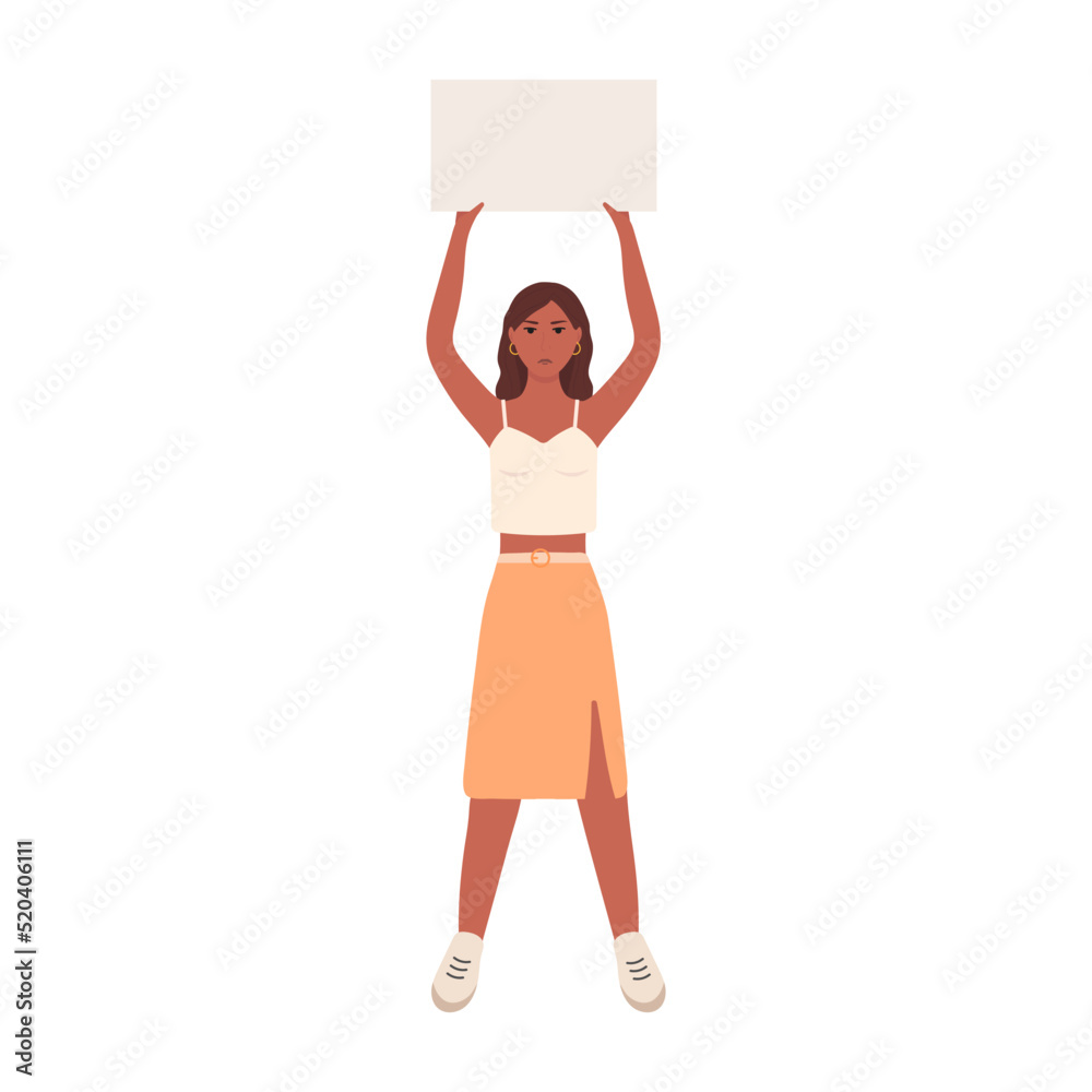 Young woman holding sign. African american protest. Vector flat illustration with protesting woman.