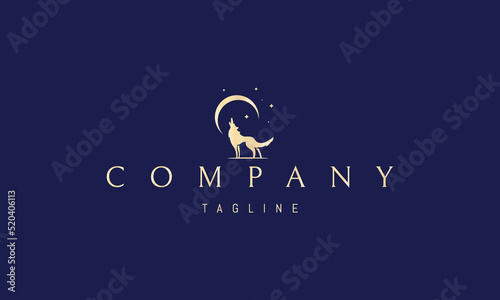 Vector golden logo on which an abstract image of a wolf howling at the moon.