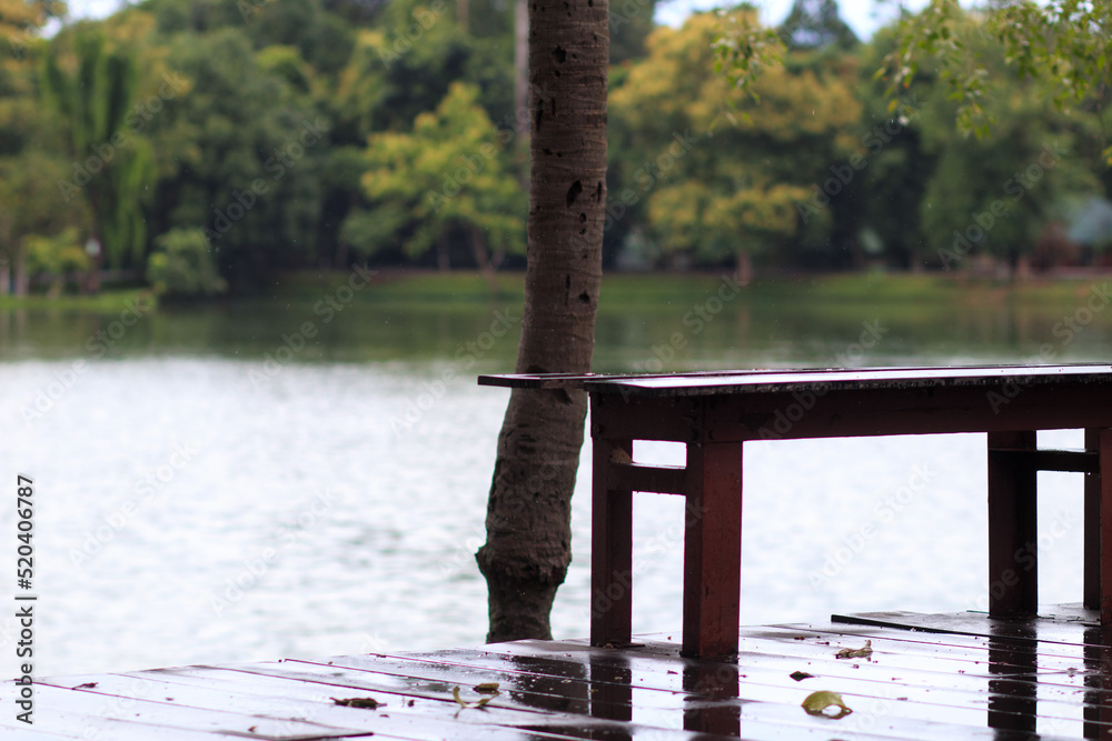 Fototapeta premium Long wooden benches and wooden decking that had been soaked in rain after the rain storm had passed leaving rain on the ground and on the benches making the area seem empty and uninhabited.