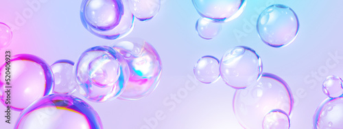 3d render, abstract pastel pink blue background with iridescent magical air bubbles, wallpaper with glass balls or water drops