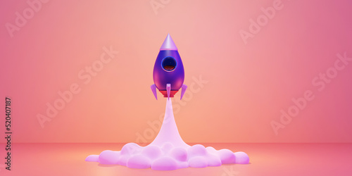 3d rendering purple rocket launching on peach color background. Startup concept.
