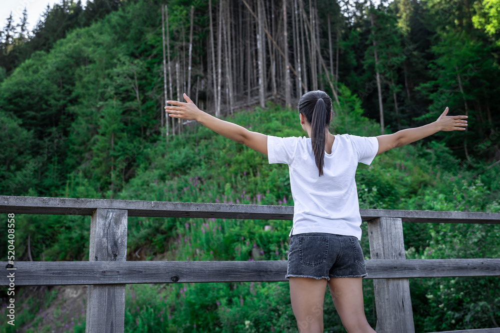 A young woman in the forest in the mountains, view from the back. A young woman in the forest in the mountains, view from the back.