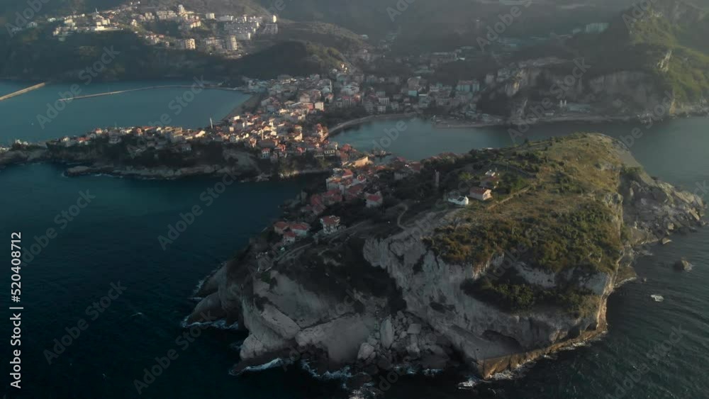 Flying over Great island near Amasra city, Bartin province, Turkey. Drone point of view of Black sea southern coast Flying over Great island near Amasra city, Bartin province, Turkey. Drone point of view of Black sea southern coast