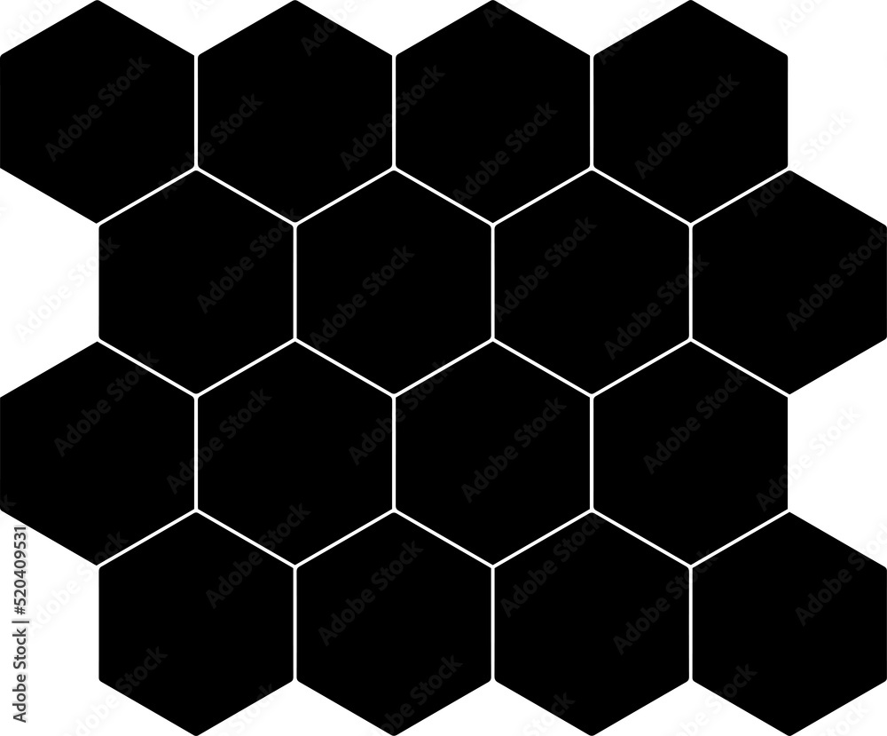 Black hexagon, honeycomb, design element, pattern with no strokes. Isolated png illustration, transparent background. Use for photo collection, collage, template, frame, overlay, montage.