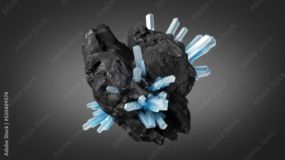 looping 3d animation, black rock with blue quartz crystals on it, rotating stone, magical nugget esoteric object