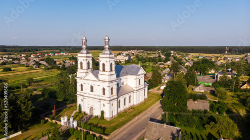 Roman Catholic church of St. Andrew the Apostle Lyntupy, Belarus. An architectural monument, built in 1908-1914 in the neo-Baroque style. Aerial view.