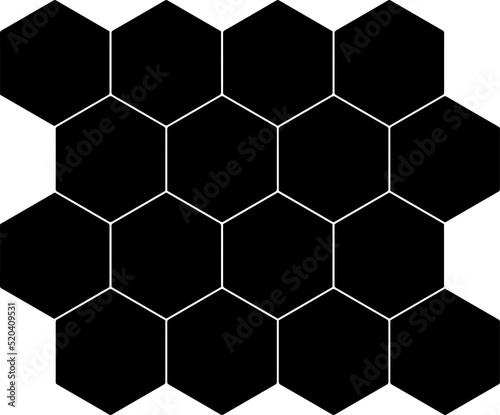 Black hexagon, honeycomb, design element, pattern with no strokes. Isolated png illustration, transparent background. Use for photo collection, collage, template, frame, overlay, montage.