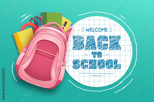Welcome back to school with school supplies in a briefcase and checkered round paper