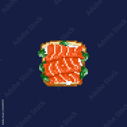 Pixel art food. Toast with salmon, mayonnaise and greens.