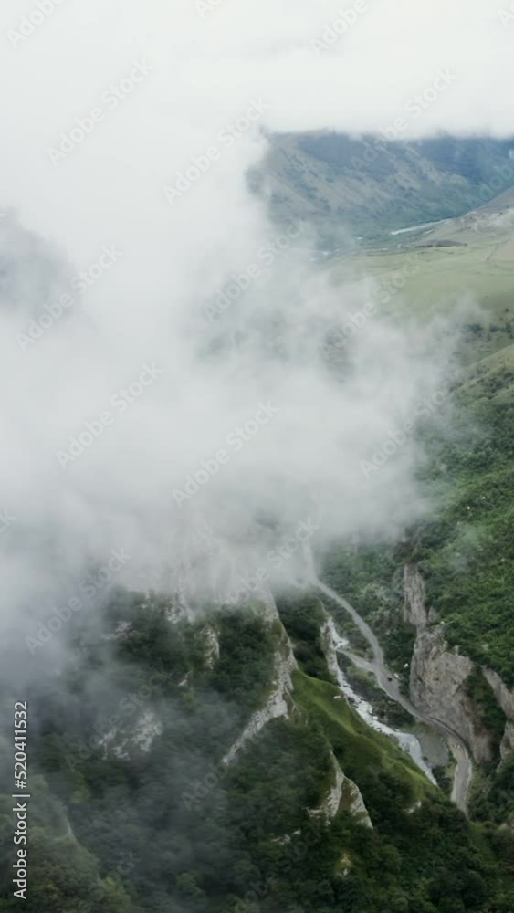 Mountain valley aerial view. Rocks covered with forest with river in lowland