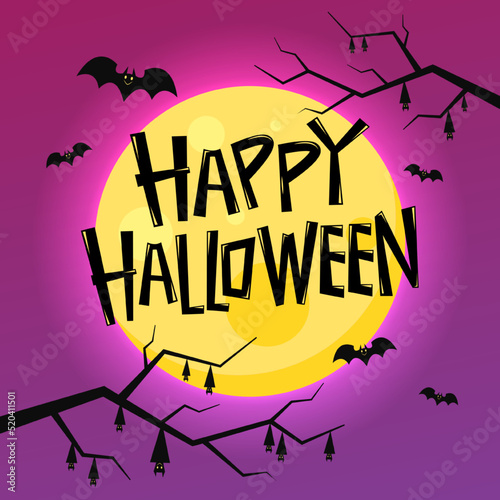 Happy Halloween poster. Vector Halloween background with illustration of flying bats over moon.