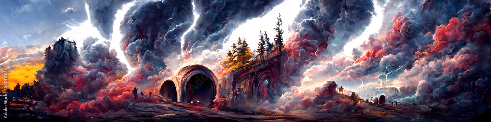 Artistic concept of painting a scary and dangerous landscape, background illustration, tender and dreamy design.   
