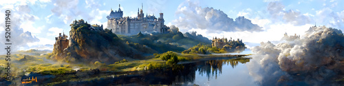 Artistic concept painting of a beautiful wilderness landscape, with a picturesque castle in the background. Tender and dreamy design, background illustration. © 4K_Heaven